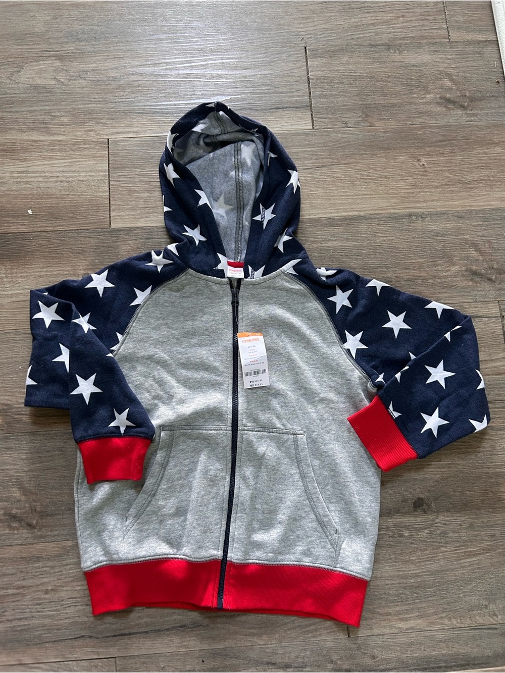 Gymboree Gray Zip Hoodie with Navy Star Sleeves and Red Trim